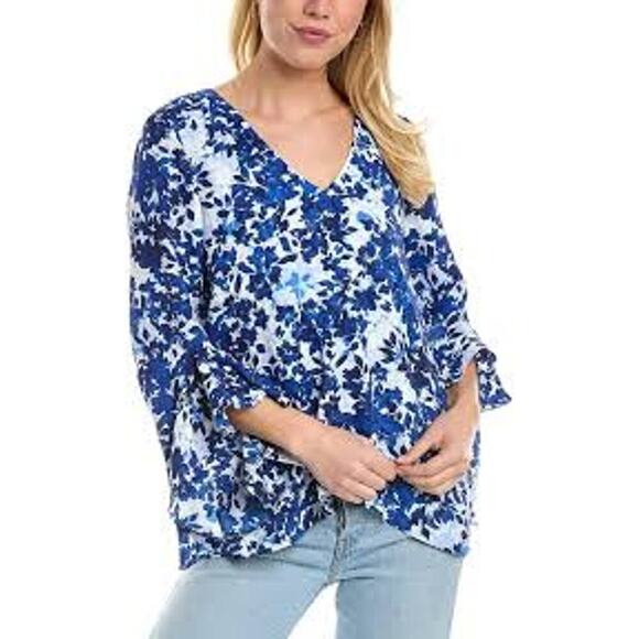 VINCE CAMUTO Floral Ruffle V-Neck Loose Blouse Top Flutter Sleeves Blue Medium - Picture 1 of 12
